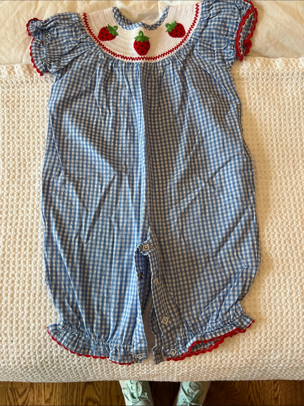 Blue Gingham Strawberry Smocked Baby One-Piece